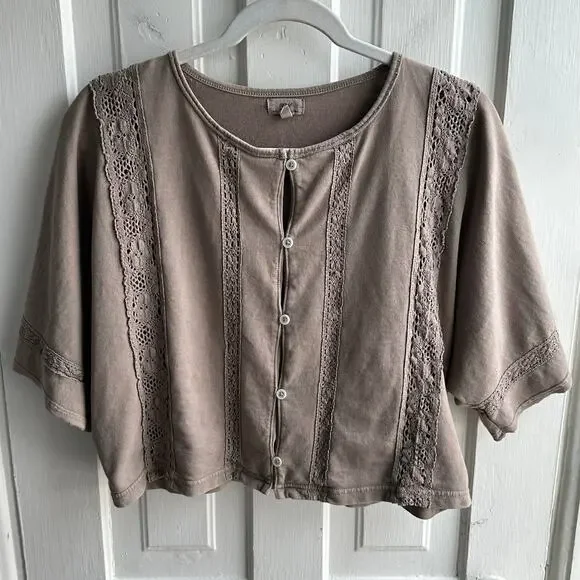 Aerie Airy Crochet Lace Trim Button Front Cardigan Top – Taupe | M - Picture 2 of 9